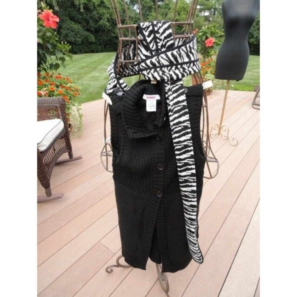 Vtg Women's BONGO Black Sleeveless Sweater Button Down Vest & Black White Animal